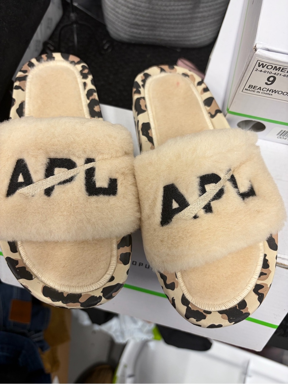 APL Women’s Shearling Slide Sandals Parchment/Black/Leopard Trim - NIB
